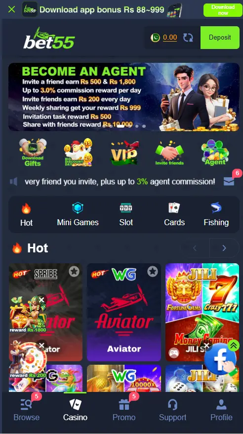 Bet55 Game home screen in Pakistan with featured games and PKR deposit button