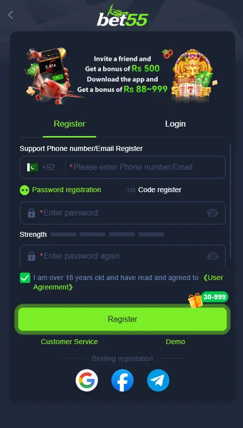 Bet55 Game registration screen with Pakistan phone number, password and age agreement
